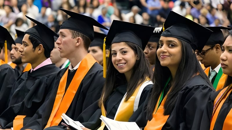 Absolventinnen und Absolventen der Elmwood High School stehen zusammen in ihrer Abschlusskleidung und lächeln in die Kamera.