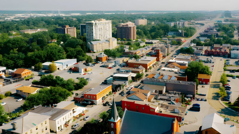 Stadtansicht mit Hochhäusern und grünen Flächen vor klarem Himmel ohne direkten Bezug zur Elsie MacGill Secondary School.