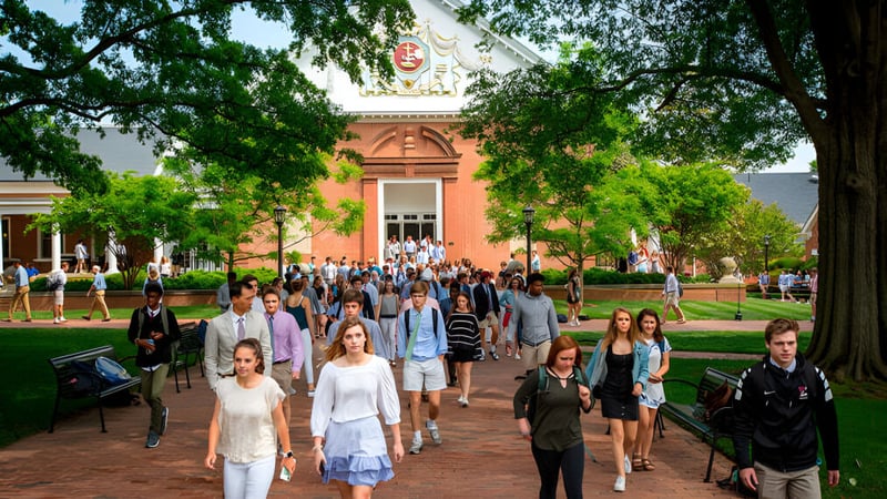 Eine Gruppe von Schülerinnen und Schülern geht auf einem Backsteinweg vor einem historischen Gebäude auf dem Campus der Episcopal High School.