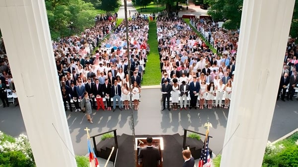 Eine große Gruppe von Schülern versammelt sich im Außenbereich auf dem Campus der Episcopal High School.