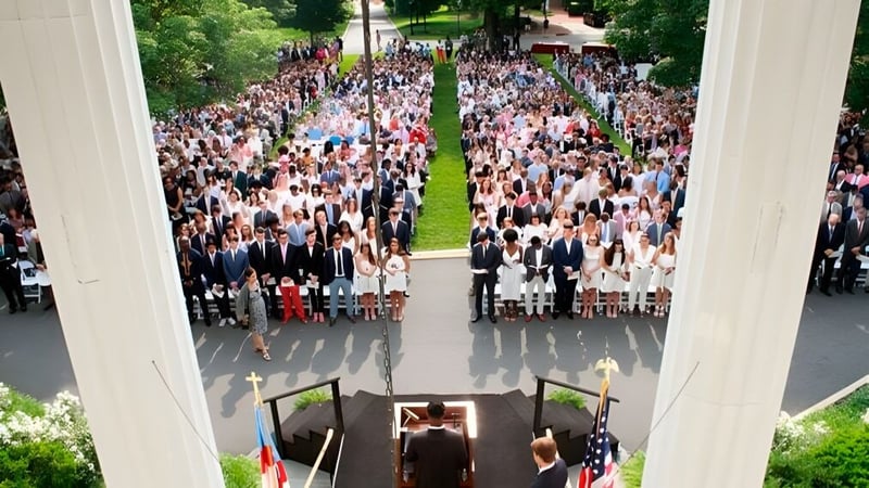 Eine große Gruppe von Schülern versammelt sich im Außenbereich auf dem Campus der Episcopal High School.