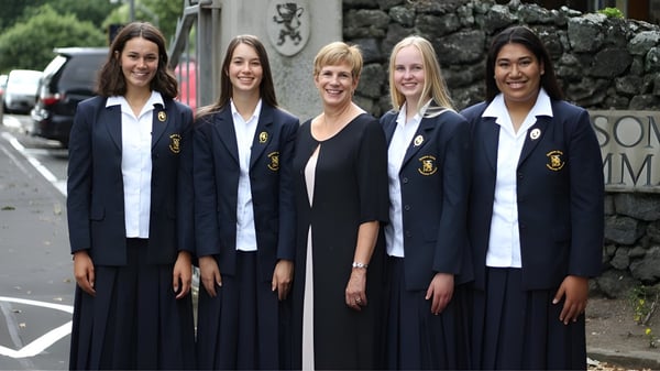 Fünf Schülerinnen in Schuluniform stehen vor einer Steinmauer auf dem Gelände der Epsom Girls Grammar School.