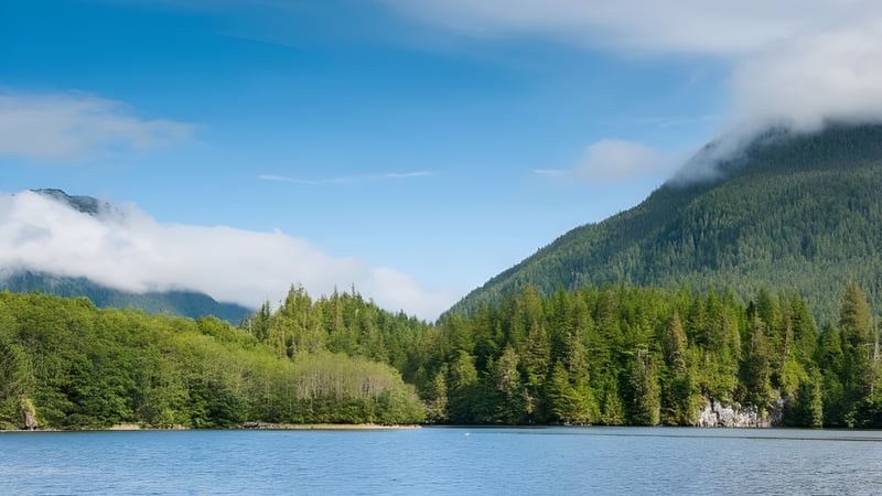 Ein ruhiger See mit grünen Wäldern und Bergen im Hintergrund nahe der Erin District High School.