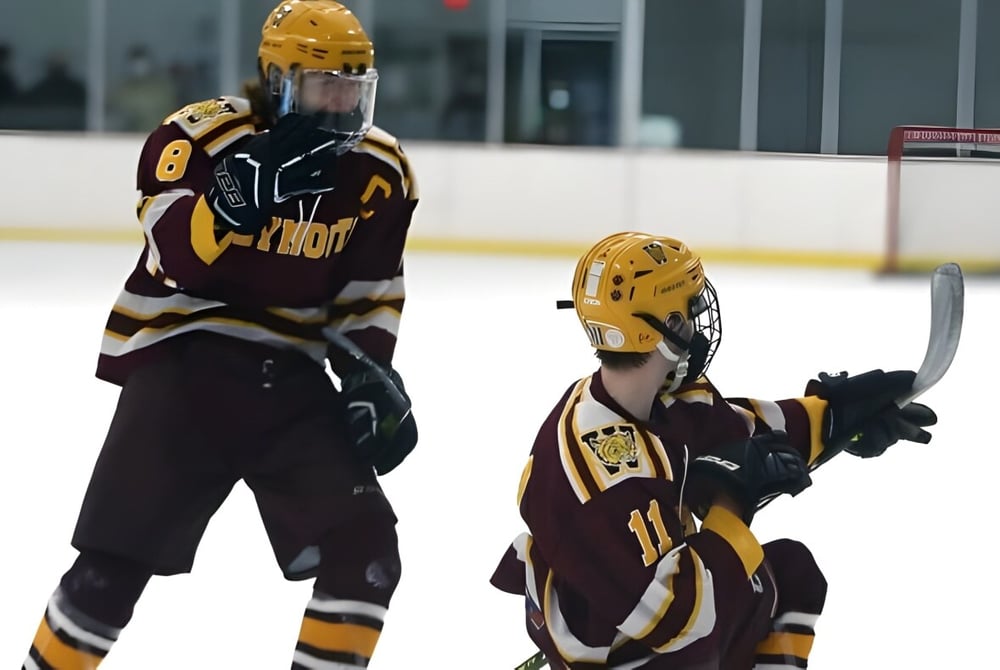 Zwei Hockeyspieler in voller Ausrüstung stehen auf dem Eisfeld der Erin District High School.
