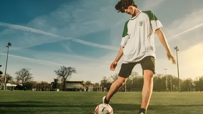 Ein Schüler der Ermitage International School dribbelt den Fußball auf einem grasbewachsenen Spielfeld.