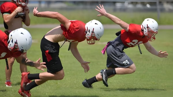 Zwei Footballspieler der Essex District High School spielen auf einem grasbewachsenen Spielfeld.