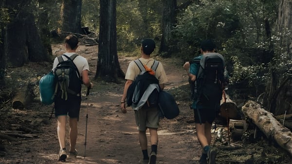 Drei Personen wandern auf einem Waldweg auf dem Gelände des Eton College.