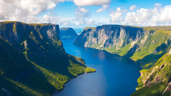 Der friedliche Fjord mit beeindruckenden Klippen und grüner Vegetation nahe der Exploits Valley High School.