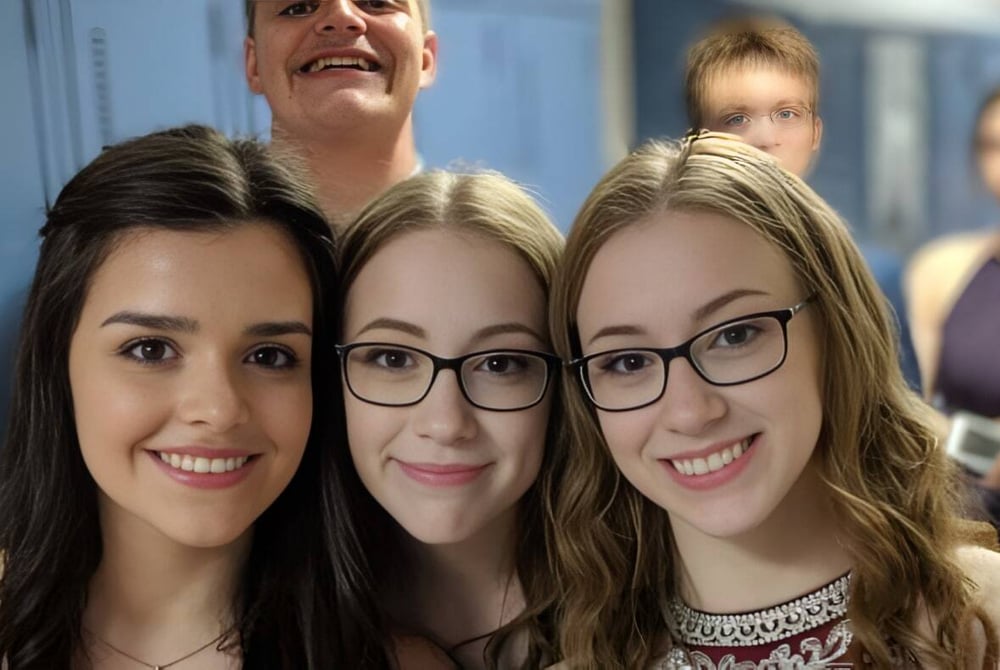 Drei Schülerinnen stehen lächelnd vor einer blauen Wand auf dem Campus der Exploits Valley High School.