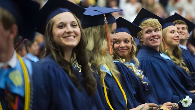 Eine Gruppe von Absolventen in blauen und gelben Talaren steht gemeinsam beim Abschluss des F-1 No Choice Programm USA.