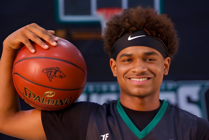 Ein Schüler der Fairmont Prep Academy hält einen Basketball vor dem Basketballfeld und lächelt.