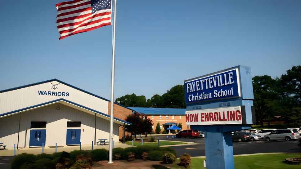 Auf dem Gelände der Fayetteville Christian School ist eine amerikanische Flagge zu sehen und ein Schild mit der Aufschrift zur Einschreibung von Schülern.