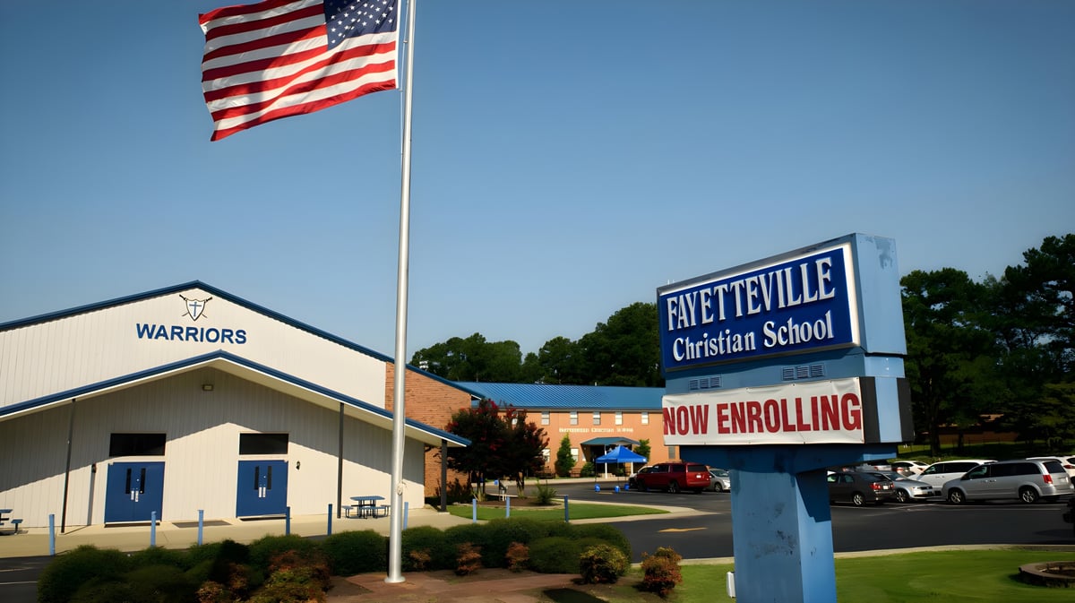 Auf dem Gelände der Fayetteville Christian School ist eine amerikanische Flagge zu sehen und ein Schild mit der Aufschrift zur Einschreibung von Schülern.