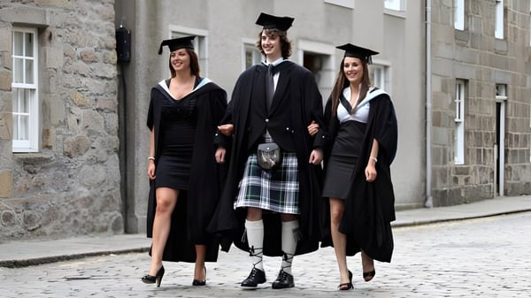 Drei Absolventen des Fettes College in akademischer Kleidung stehen vor einem Steingebäude auf einem Kopfsteinpflaster.