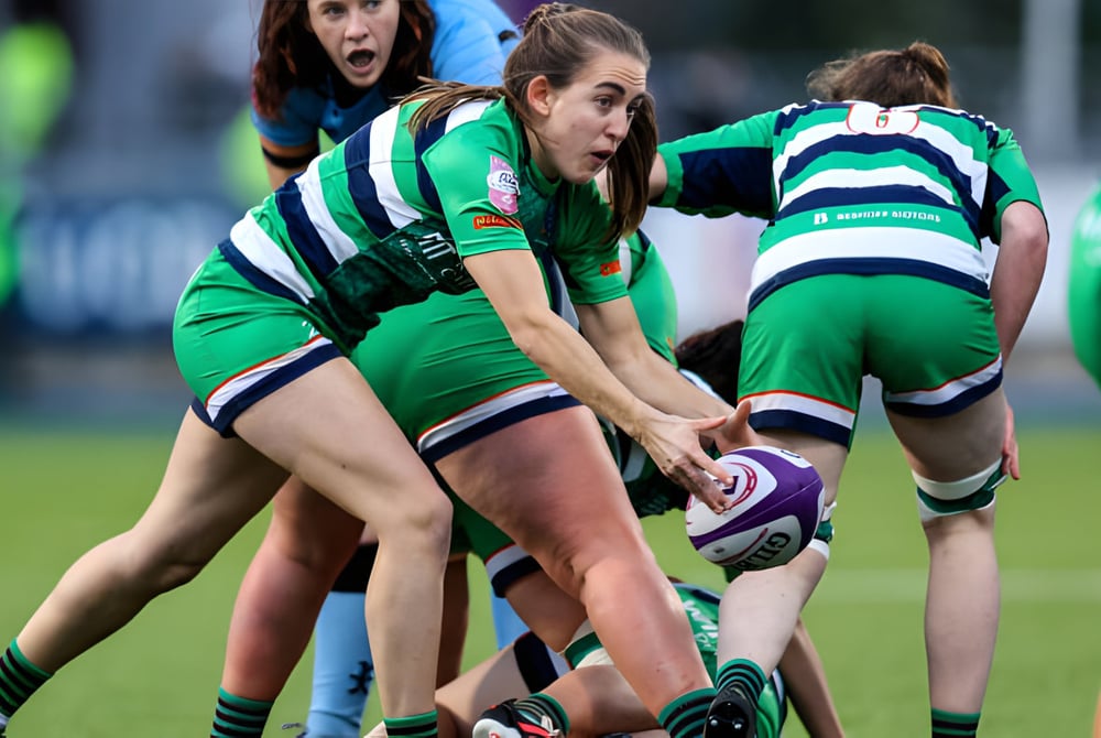 Eine Gruppe weiblicher Rugbyspielerinnen in grünen und weißen Uniformen beim Scrum auf dem Spielfeld des Fingal Community College.