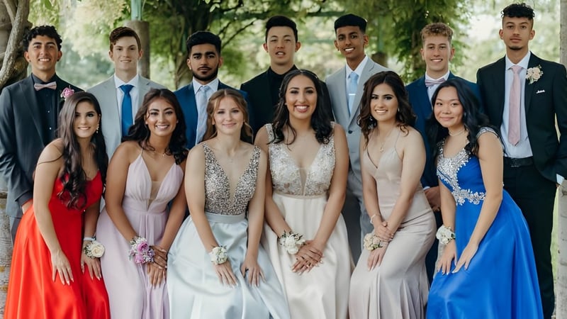 Eine Gruppe von Schülerinnen und Schülern der Fleetwood Park Secondary School posiert in formeller Kleidung im grünen Außenbereich.