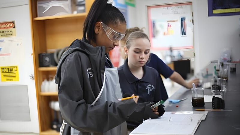 Eine Schülerin und ein Schüler stehen an einem Tresen in einem Klassenraum der Florida Preparatory Academy.