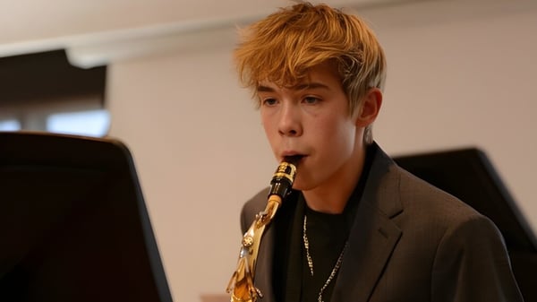 Ein Schüler der Fountain Valley School of Colorado spielt mit orangenem Haar ein Saxophon auf einer Bühne vor dunklem Hintergrund.