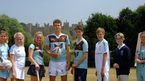 Eine Gruppe von Schülerinnen und Schülern des Framlingham College steht in Sportuniformen auf einem grasbewachsenen Sportplatz mit Stadtkulisse im Hintergrund.