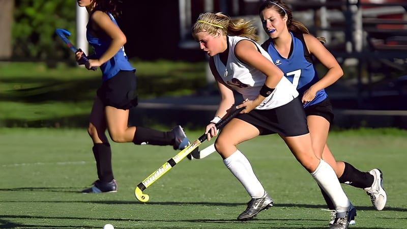 Schülerinnen der Frances Kelsey Secondary School spielen Feldhockey auf einem Sportplatz mit Stadion im Hintergrund.