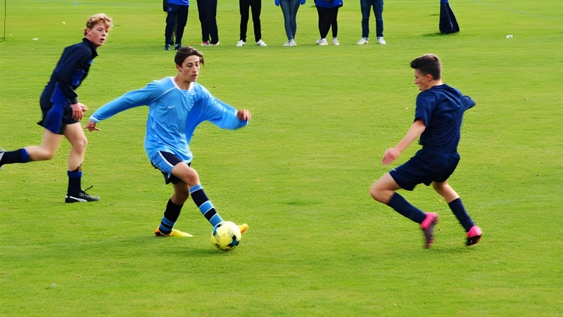 Zwei Fußballspieler der Frensham Heights School kämpfen um den Ball auf einem grasbewachsenen Spielfeld.