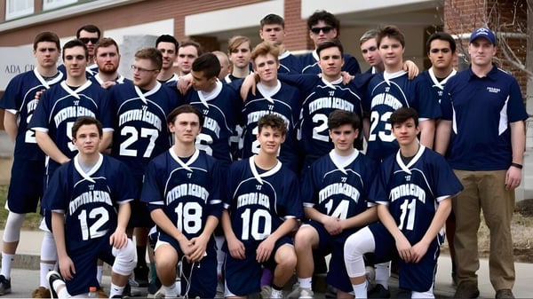 Eine Gruppe Schüler der Fryeburg Academy posiert vor einem Backsteingebäude als Sportsteam.