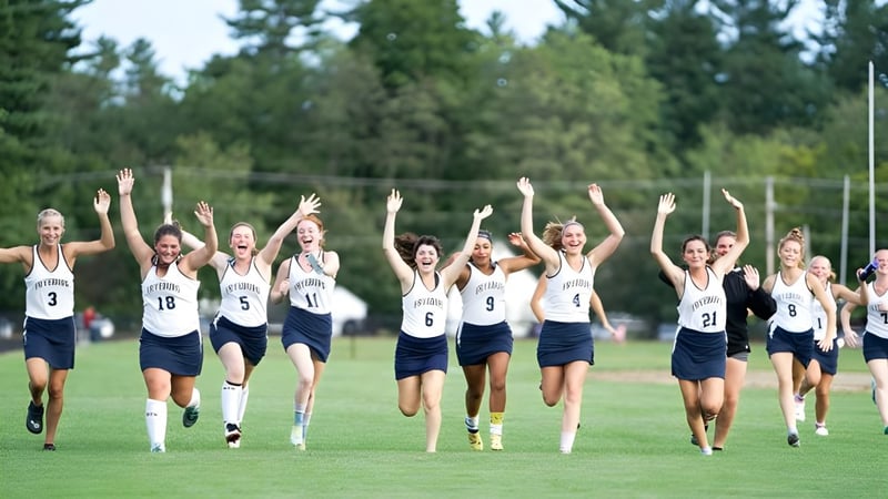 Junge Athletinnen der Fryeburg Academy laufen gemeinsam auf einem grasbewachsenen Spielfeld.
