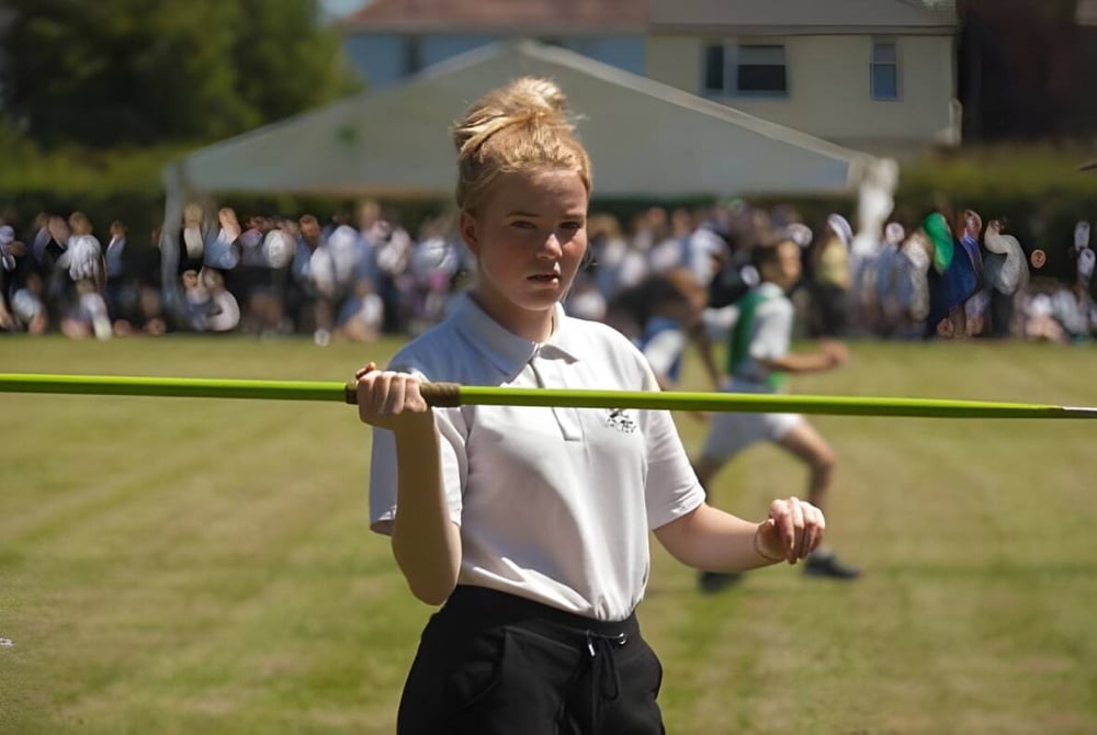 Ein Schüler der Fulston Manor steht auf einem Sportfeld und hält einen langen Stab in der Hand, im Hintergrund sind Menschenmengen zu sehen.