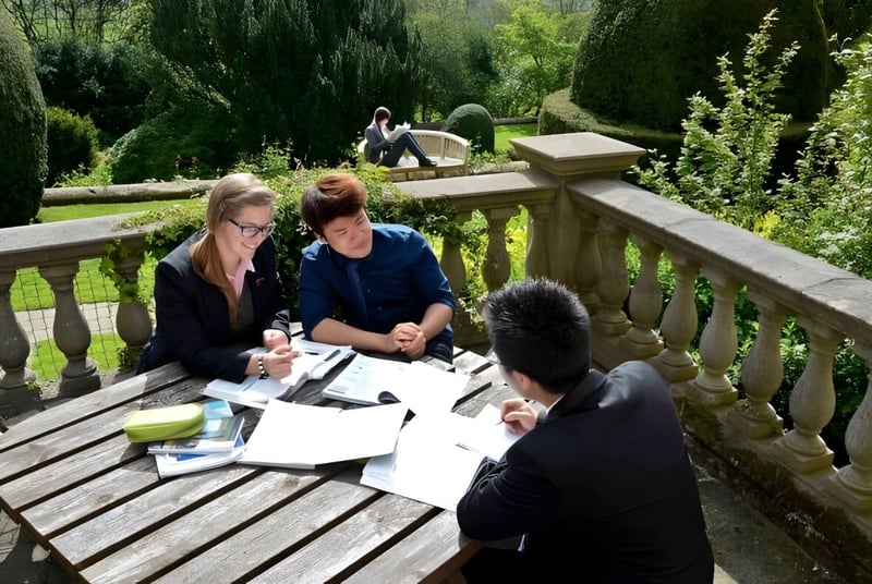 Eine Gruppe von Schülern der Fyling Hall School trifft sich an einem Tisch auf dem Holzdeck in einem Garten.