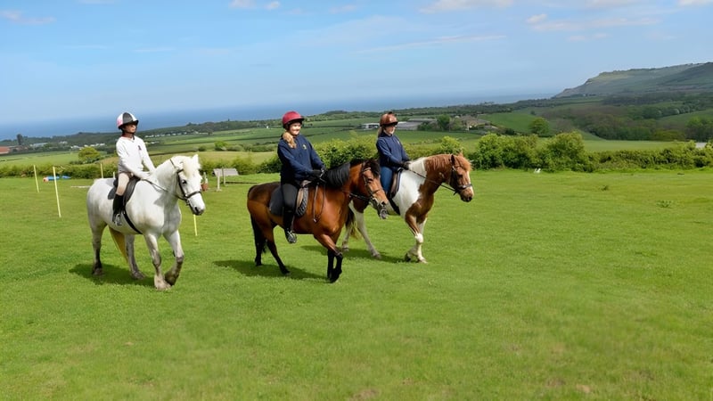 Drei Personen reiten auf Pferden auf einer Wiese mit ländlicher Landschaft im Hintergrund auf dem Gelände der Fyling Hall School.
