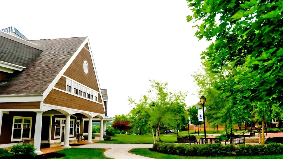 Ein charmantes Holzgebäude mit überdachter Veranda auf dem Campus der Garrison Forest School umgeben von gepflegter Landschaft.