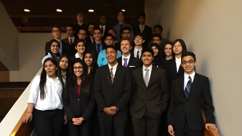 Eine Gruppe von Schülerinnen und Schülern der Garth Webb Secondary School steht in formeller Kleidung vor einer Holztreppe.