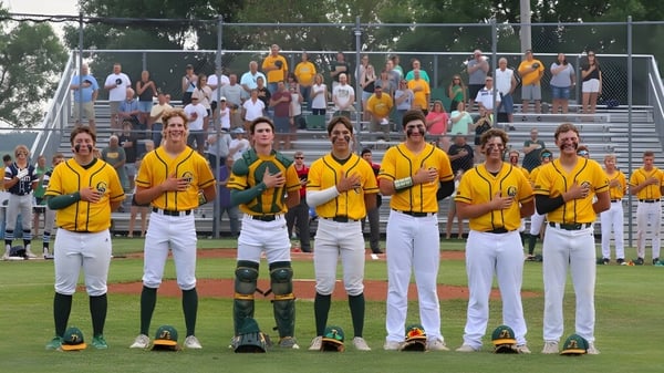 Schüler der Gehlen Catholic School stehen in gelben Trikots gemeinsam auf dem Baseballfeld vor Zuschauern.