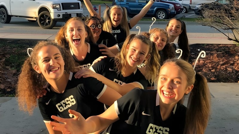 Eine Gruppe von Schülerinnen der George Elliot Secondary School posiert lachend draußen vor geparkten Fahrzeugen.