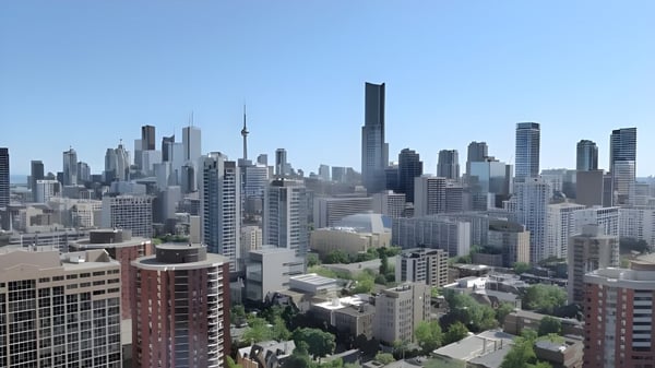 Der urbane Himmel mit Wolkenkratzern ist von der George Harvey Collegiate Institute Umgebung aus sichtbar.