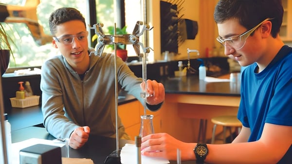 Zwei junge Männer unterhalten sich an einem Tisch im Café auf dem Campus der George School.