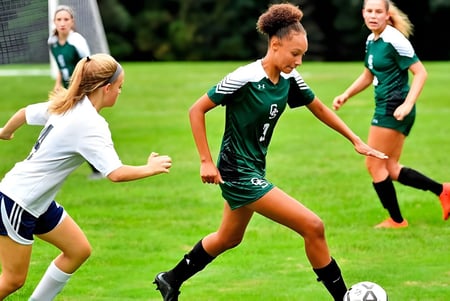 Eine Gruppe von Fußballspielerinnen der George School spielt ein Match auf einem Rasenfeld.