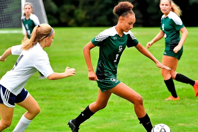 Eine Gruppe von Fußballspielerinnen der George School spielt ein Match auf einem Rasenfeld.
