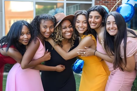 Eine Gruppe junger Schülerinnen steht vor einem Backsteingebäude auf dem Gelände der Girls Preparatory School.