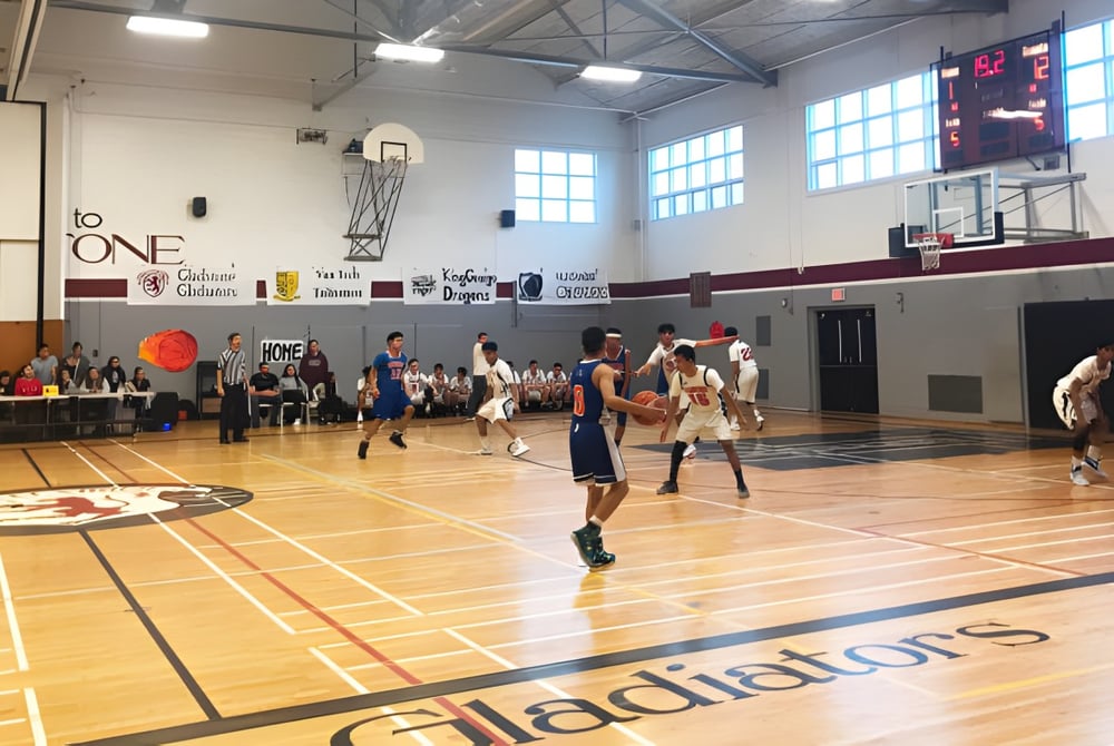 Schüler der Gladstone Secondary School spielen aktiv ein Basketballspiel in einer hellen Sporthalle mit großen Fenstern.