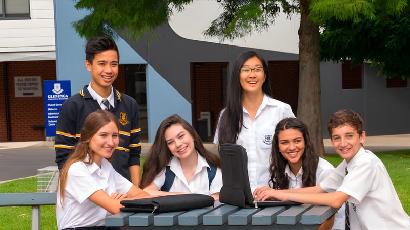 Eine Gruppe Schülerinnen und Schüler steht vor dem Schulgebäude der Glenunga International High School umgeben von Bäumen und Grünflächen.