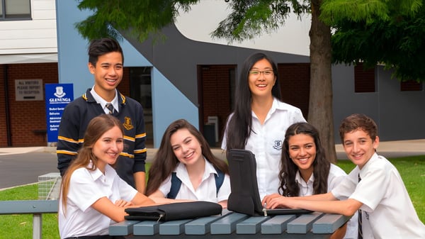 Eine Gruppe Schülerinnen und Schüler steht vor dem Schulgebäude der Glenunga International High School umgeben von Bäumen und Grünflächen.