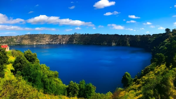 Ein ruhiger See wird von dichten grünen Wäldern umgeben, aufgenommen in der Nähe der Glenunga International High School.