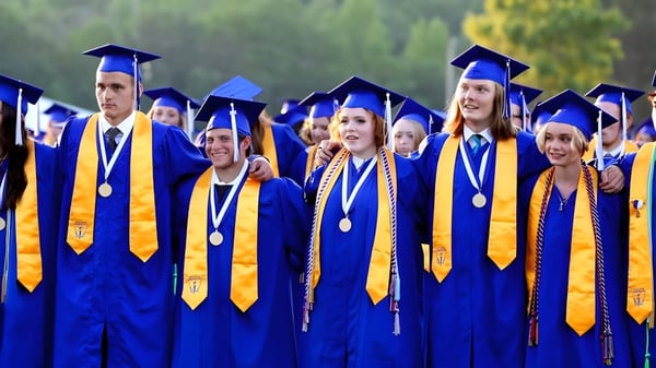 Eine Gruppe von Absolventen in blauen und goldenen Roben steht gemeinsam vor einer natürlichen Landschaft auf dem Campus des Goderich District Collegiate Institute.