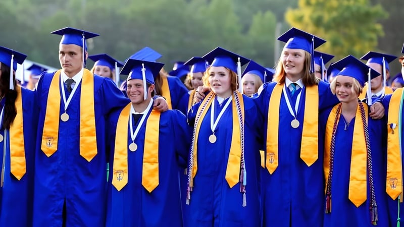 Eine Gruppe von Absolventen in blauen und goldenen Roben steht gemeinsam vor einer natürlichen Landschaft auf dem Campus des Goderich District Collegiate Institute.