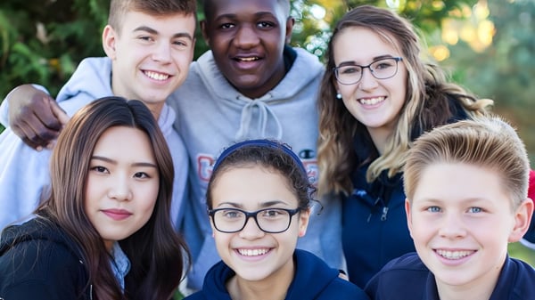 Eine Gruppe Schüler der Grace Academy posiert lachend in einem grünen Außenbereich mit Bäumen im Hintergrund.