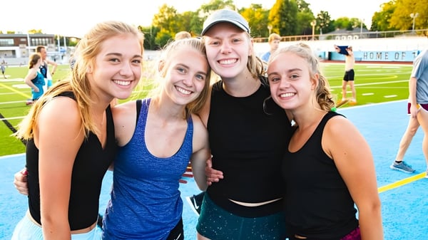 Vier Schülerinnen der Grand Rapids Christian High School posieren lachend auf einem Sportfeld mit Bäumen und Gebäuden im Hintergrund.