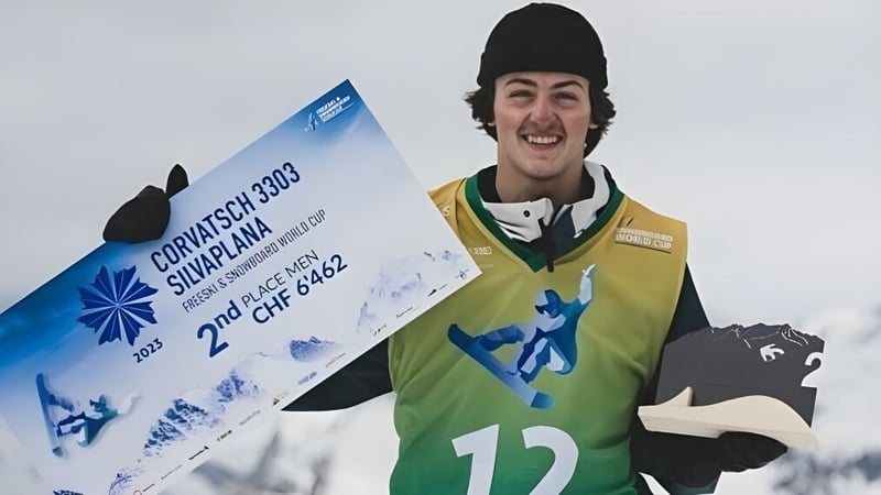 Ein Schüler der Gravenhurst High School hält ein blau-weißes Schild für den Canadian Ski Cup 2003.