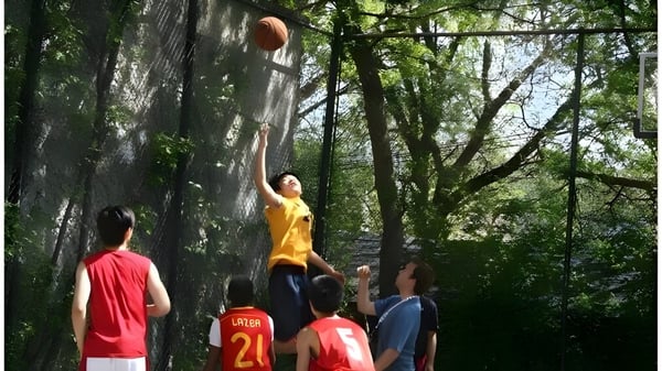 Schueler des Great Lakes College of Toronto spielen Basketball in einem waldreichen Bereich auf dem Campus.