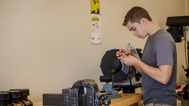 Ein Schüler des Groton-Dunstable Regional School District arbeitet konzentriert an einem Gerät in der Werkstatt.